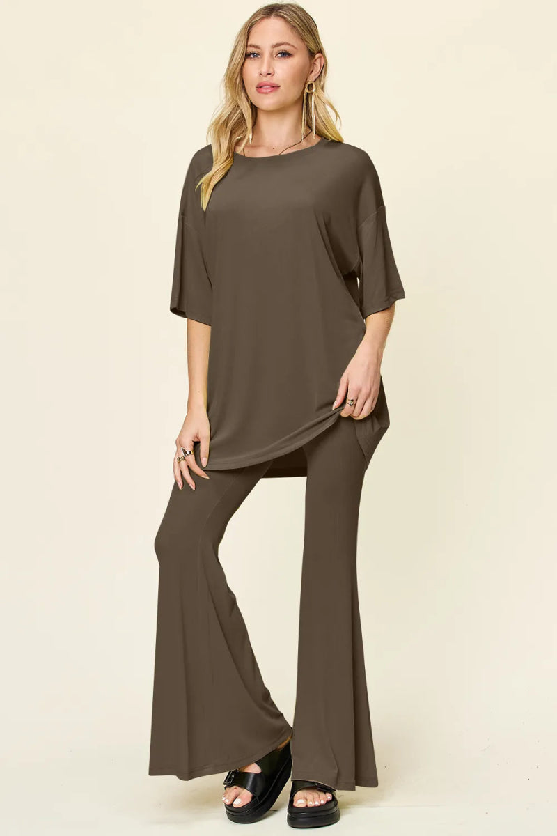 Double Take Full Size Round Neck Drop Shoulder T-Shirt and Flare Pants Set - Hopeford Streams
