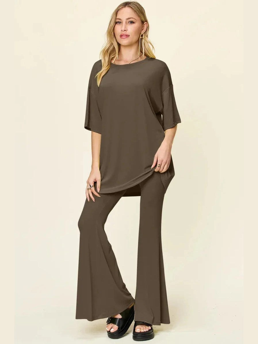 Double Take Full Size Round Neck Drop Shoulder T-Shirt and Flare Pants Set -- 
