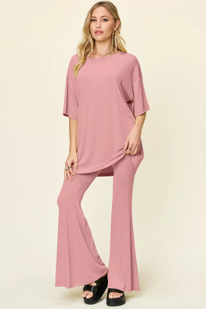 Double Take Full Size Round Neck Drop Shoulder T-Shirt and Flare Pants Set - Hopeford Streams