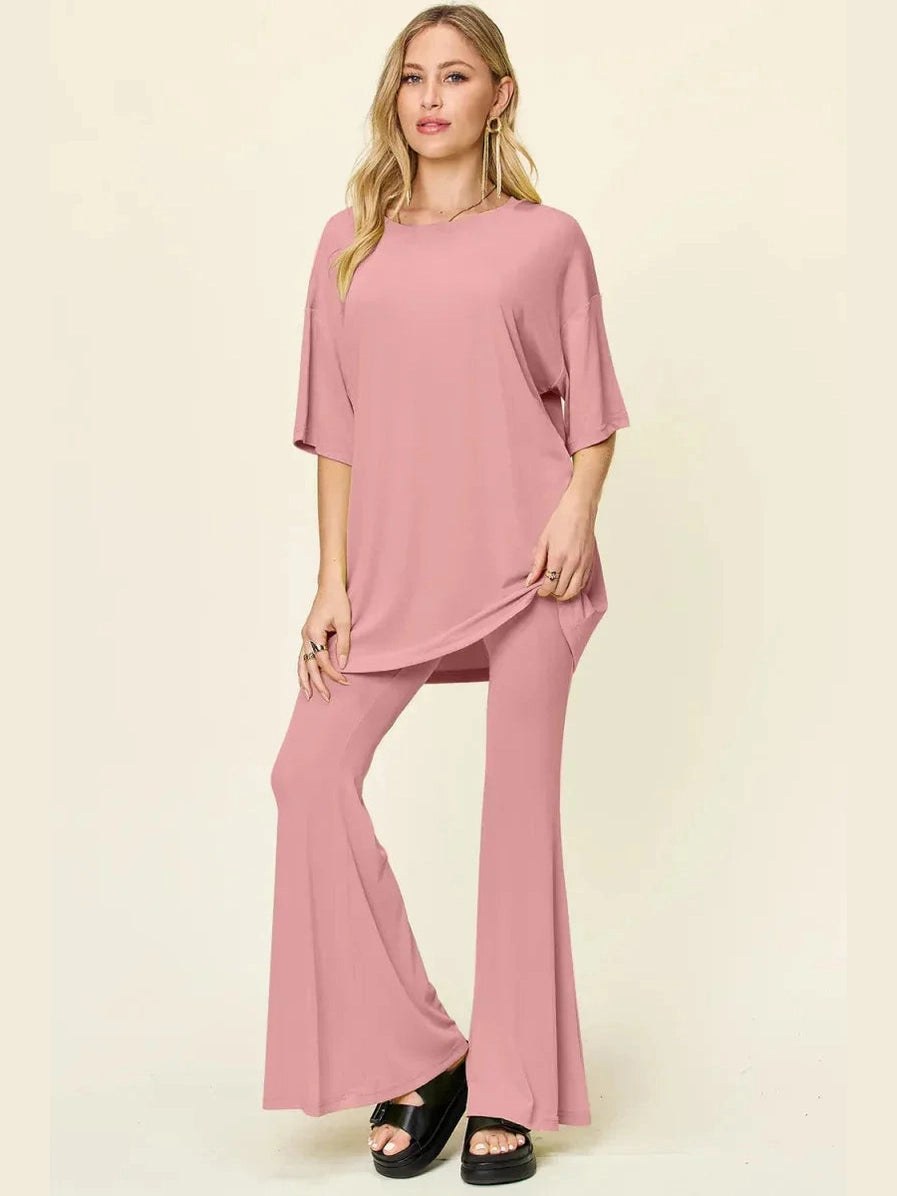 Double Take Full Size Round Neck Drop Shoulder T-Shirt and Flare Pants Set -- 