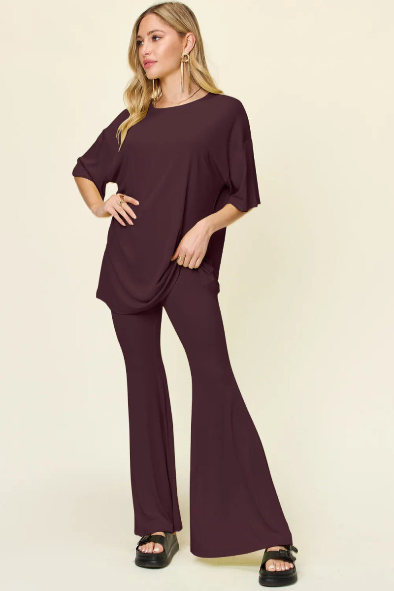 Double Take Full Size Round Neck Drop Shoulder T-Shirt and Flare Pants Set - Hopeford Streams