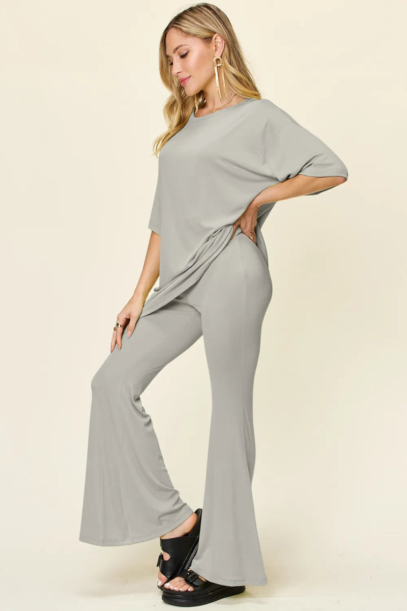 Double Take Full Size Round Neck Drop Shoulder T-Shirt and Flare Pants Set - Hopeford Streams
