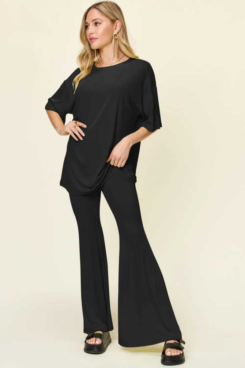 Double Take Full Size Round Neck Drop Shoulder T-Shirt and Flare Pants Set - Hopeford Streams