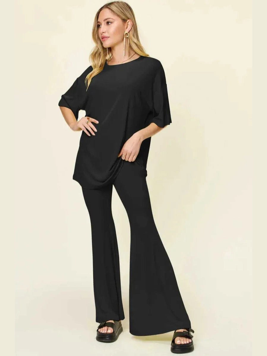 Double Take Full Size Round Neck Drop Shoulder T-Shirt and Flare Pants Set -- 