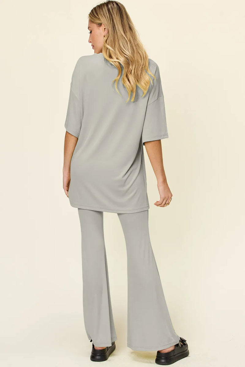 Double Take Full Size Round Neck Drop Shoulder T-Shirt and Flare Pants Set - Hopeford Streams