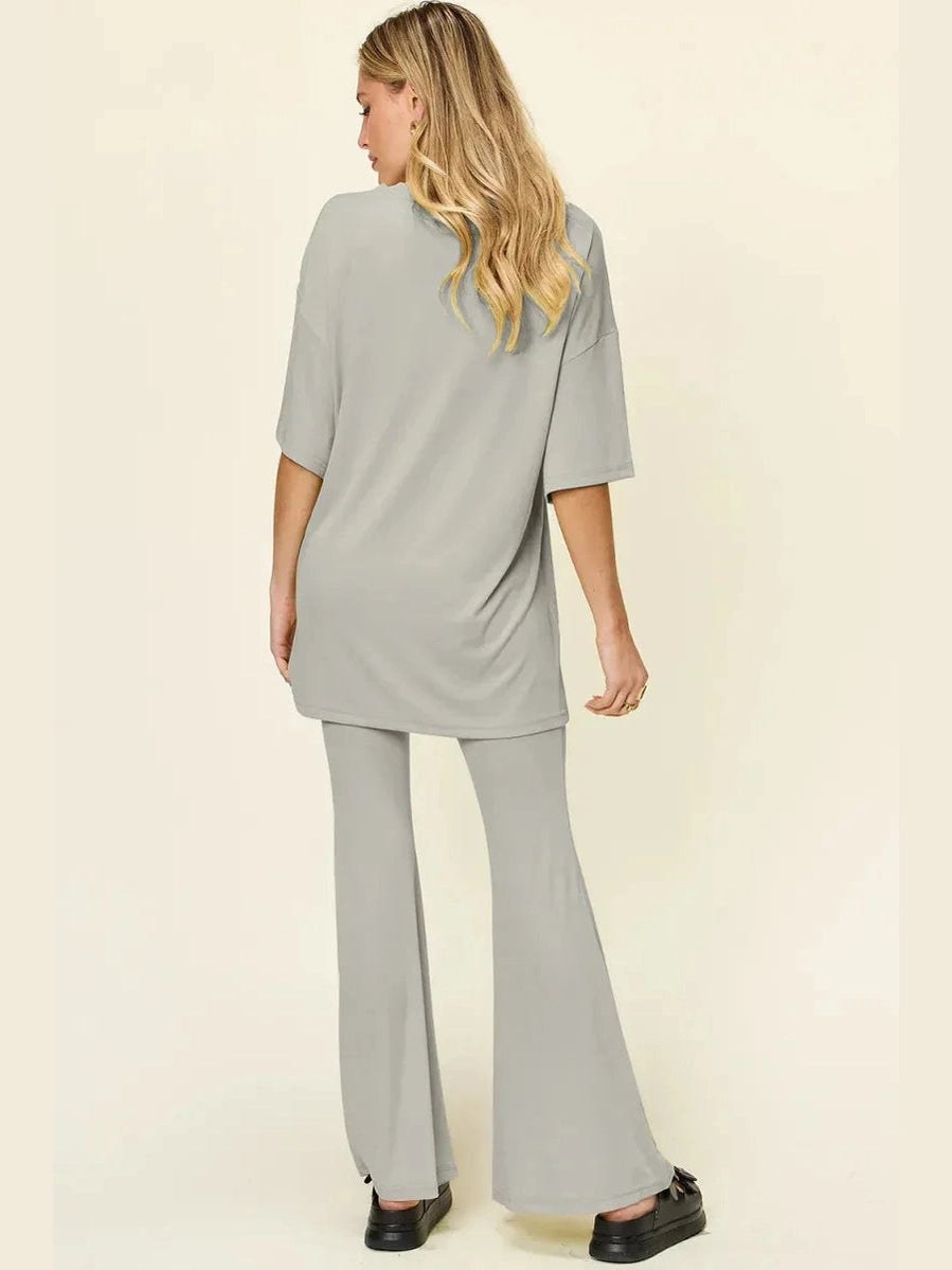 Double Take Full Size Round Neck Drop Shoulder T-Shirt and Flare Pants Set -- 