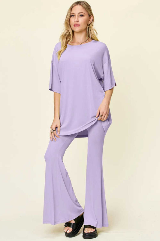 Double Take Full Size Round Neck Drop Shoulder T-Shirt and Flare Pants Set - Hopeford Streams