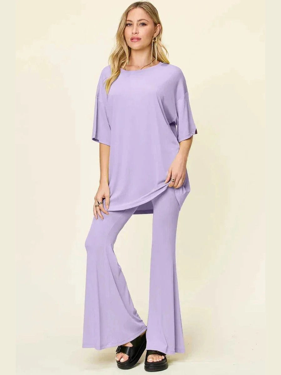 Double Take Full Size Round Neck Drop Shoulder T-Shirt and Flare Pants Set -- 