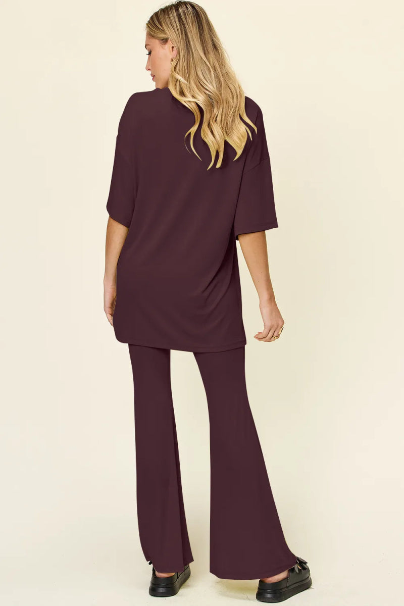 Double Take Full Size Round Neck Drop Shoulder T-Shirt and Flare Pants Set - Hopeford Streams