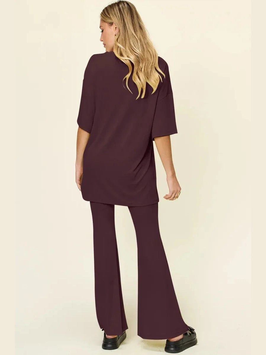 Double Take Full Size Round Neck Drop Shoulder T-Shirt and Flare Pants Set -- 