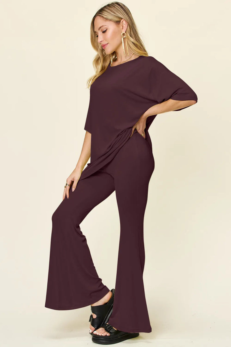 Double Take Full Size Round Neck Drop Shoulder T-Shirt and Flare Pants Set - Hopeford Streams