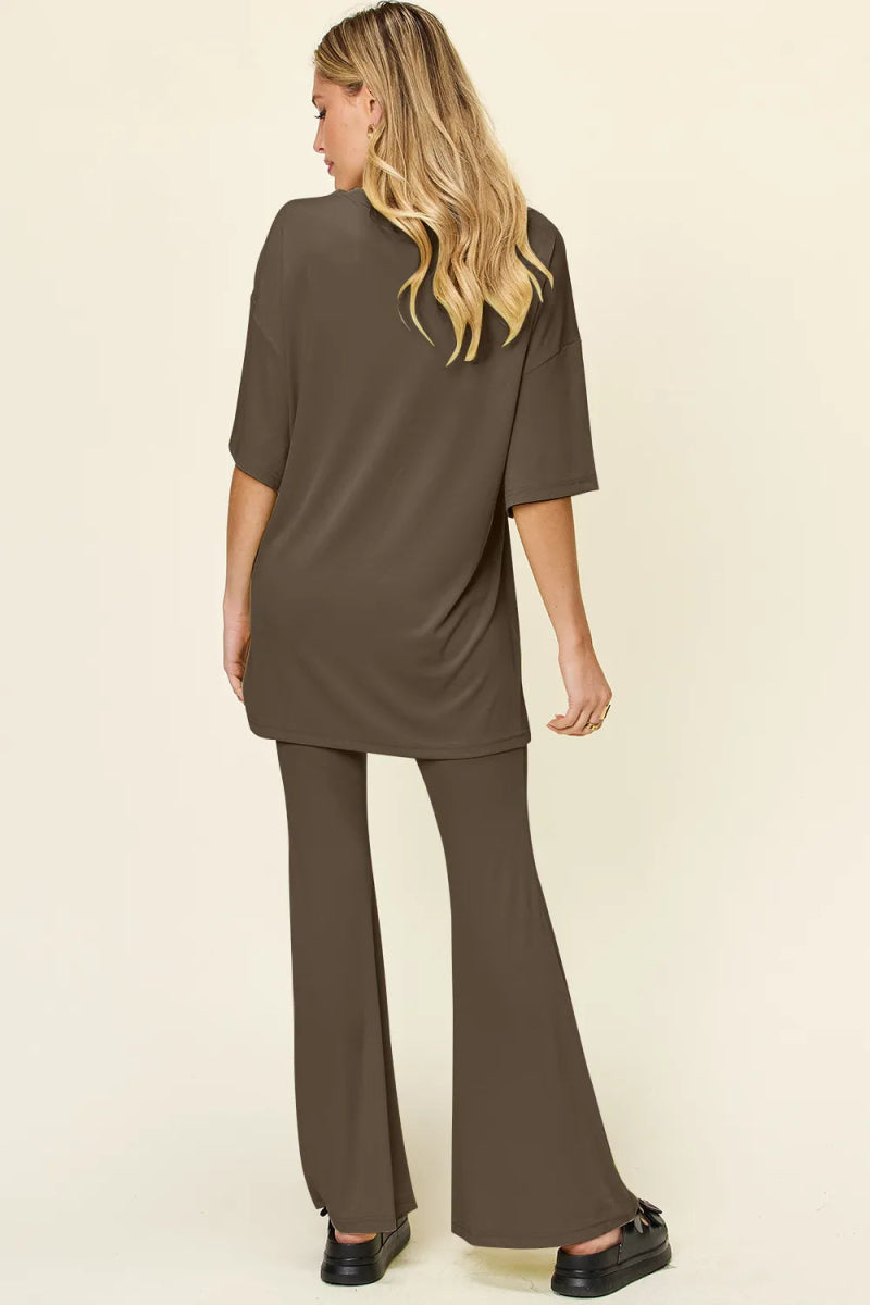 Double Take Full Size Round Neck Drop Shoulder T-Shirt and Flare Pants Set - Hopeford Streams