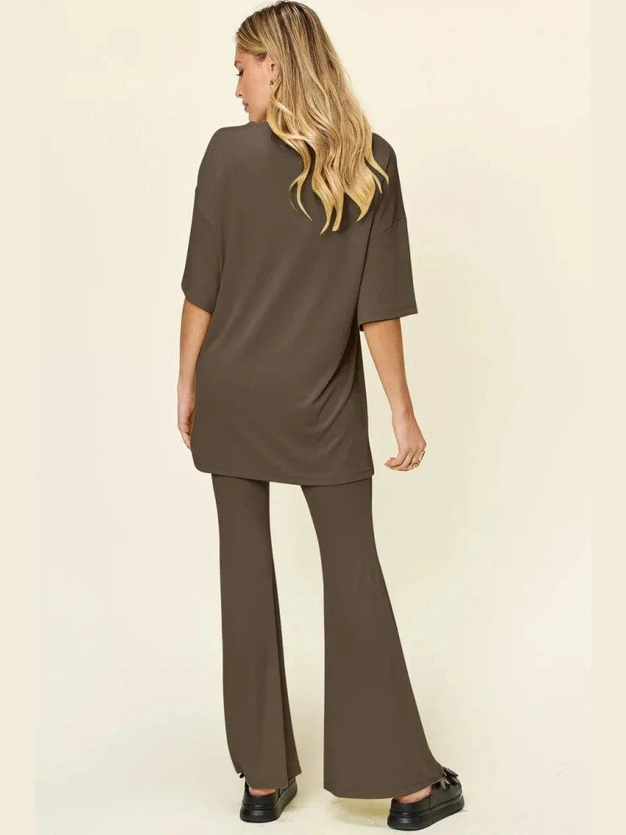 Double Take Full Size Round Neck Drop Shoulder T-Shirt and Flare Pants Set -- 