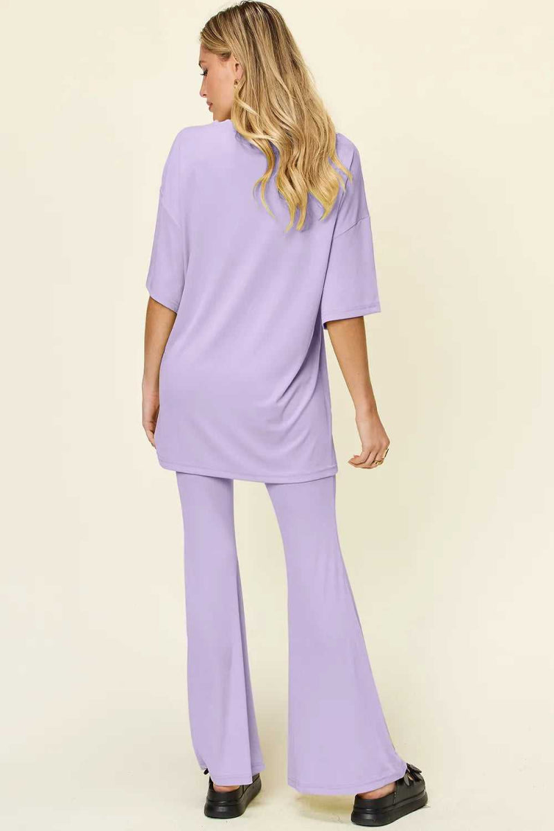 Double Take Full Size Round Neck Drop Shoulder T-Shirt and Flare Pants Set - Hopeford Streams