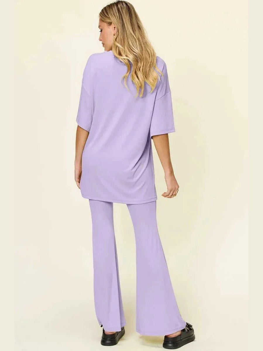 Double Take Full Size Round Neck Drop Shoulder T-Shirt and Flare Pants Set -- 