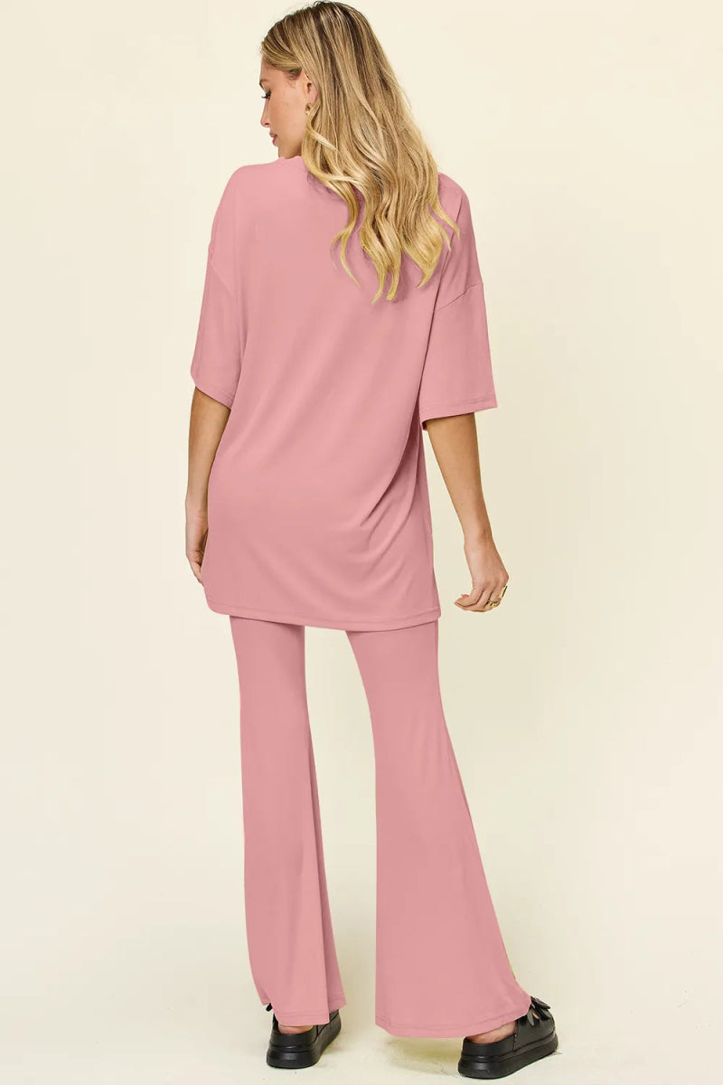 Double Take Full Size Round Neck Drop Shoulder T-Shirt and Flare Pants Set - Hopeford Streams