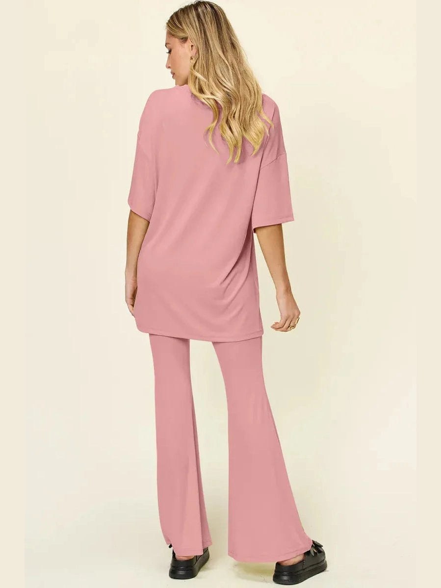 Double Take Full Size Round Neck Drop Shoulder T-Shirt and Flare Pants Set -- 