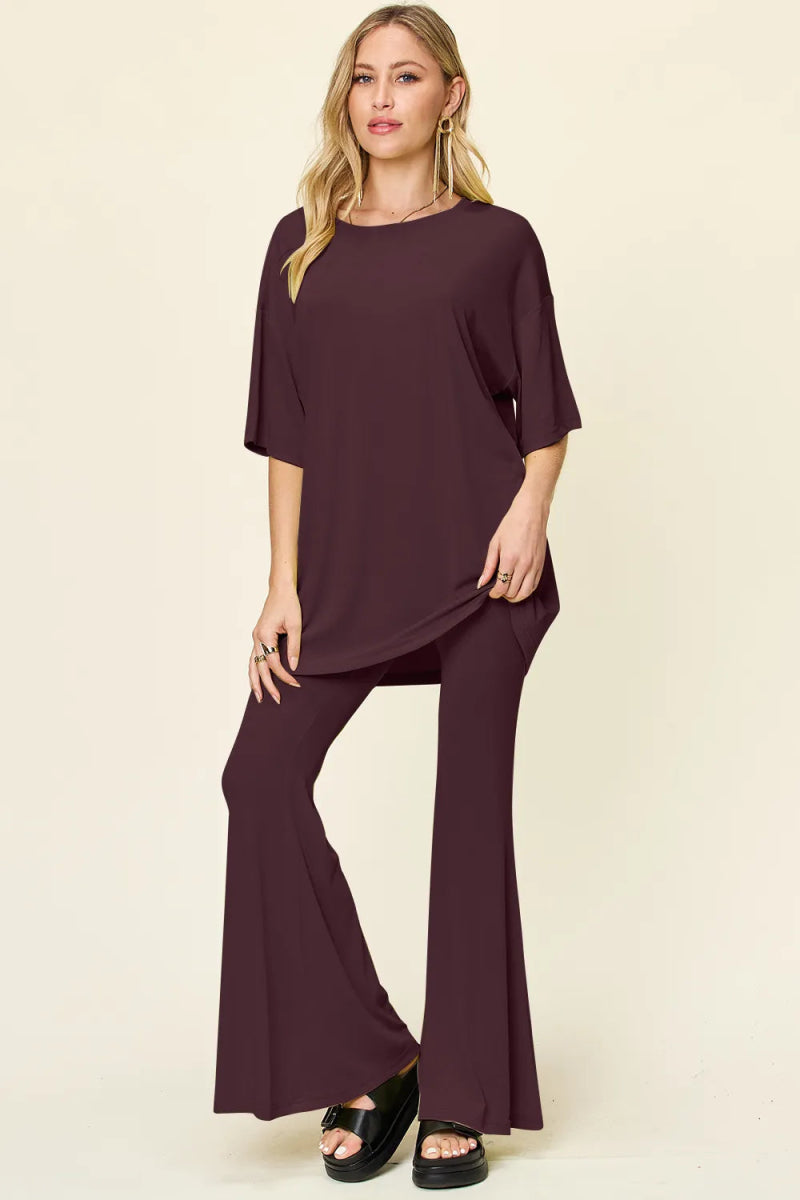 Double Take Full Size Round Neck Drop Shoulder T-Shirt and Flare Pants Set - Hopeford Streams