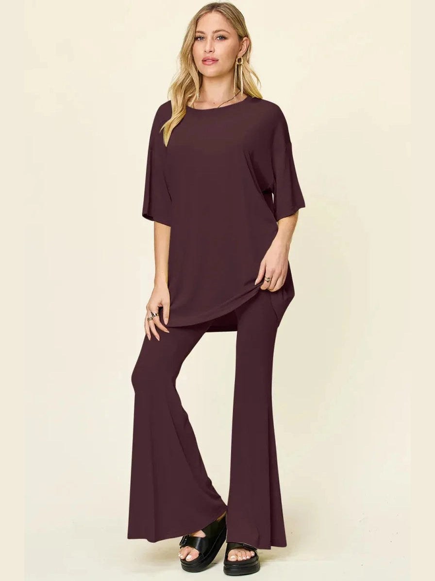 Double Take Full Size Round Neck Drop Shoulder T-Shirt and Flare Pants Set -- 