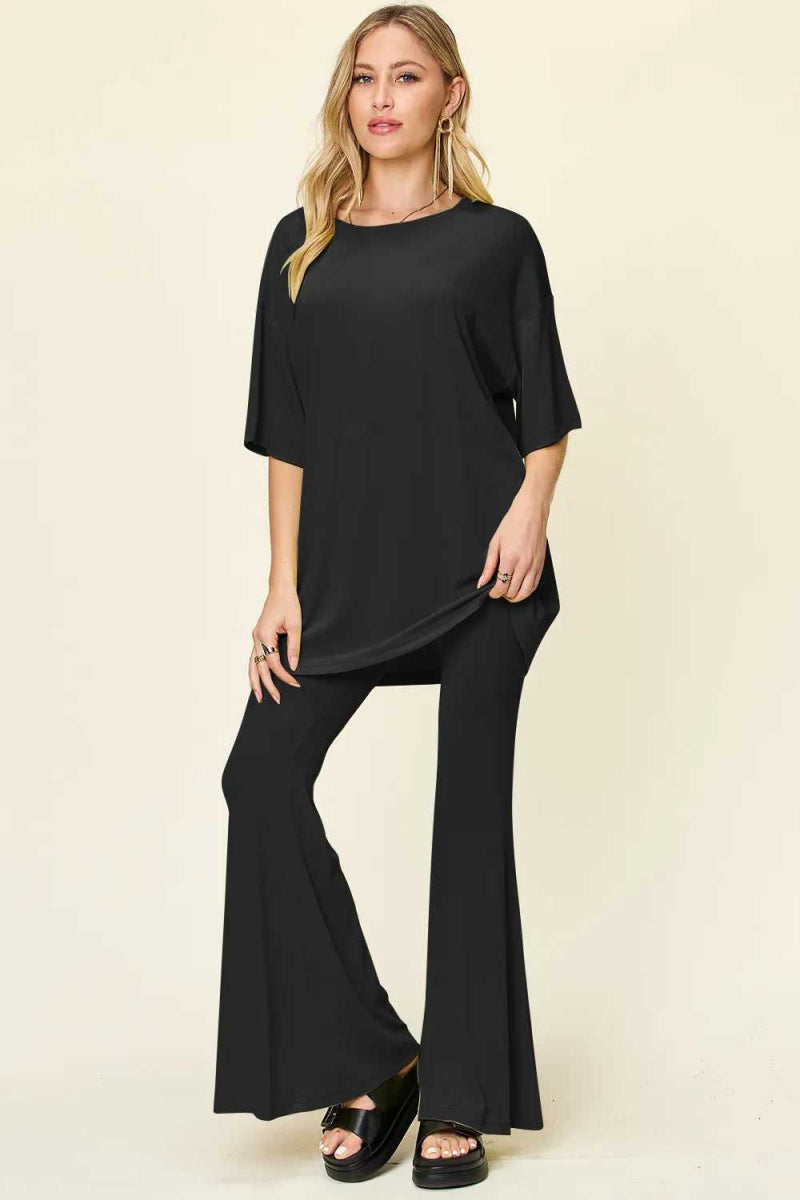Double Take Full Size Round Neck Drop Shoulder T-Shirt and Flare Pants Set - Hopeford Streams