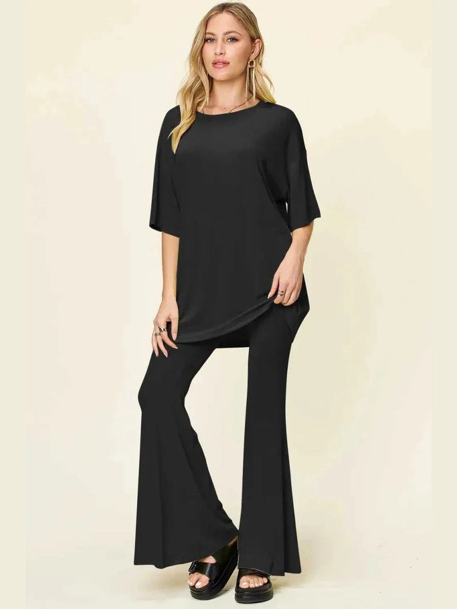 Double Take Full Size Round Neck Drop Shoulder T-Shirt and Flare Pants Set -- 