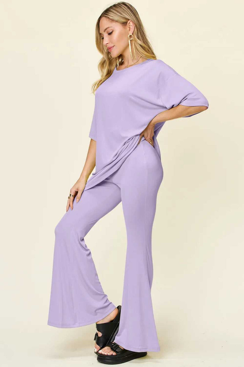 Double Take Full Size Round Neck Drop Shoulder T-Shirt and Flare Pants Set - Hopeford Streams