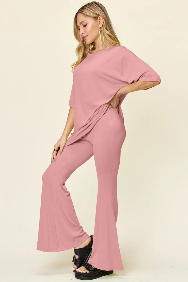 Double Take Full Size Round Neck Drop Shoulder T-Shirt and Flare Pants Set - Hopeford Streams
