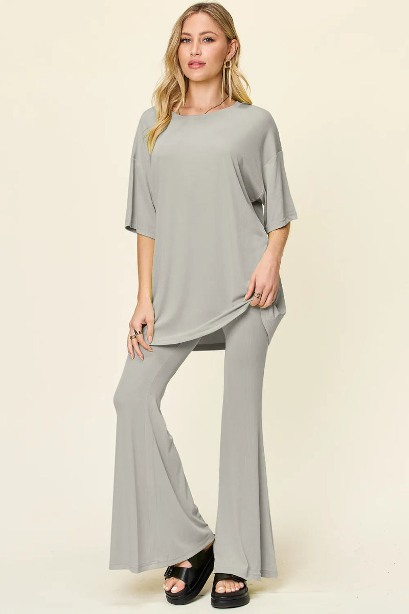 Double Take Full Size Round Neck Drop Shoulder T-Shirt and Flare Pants Set - Hopeford Streams