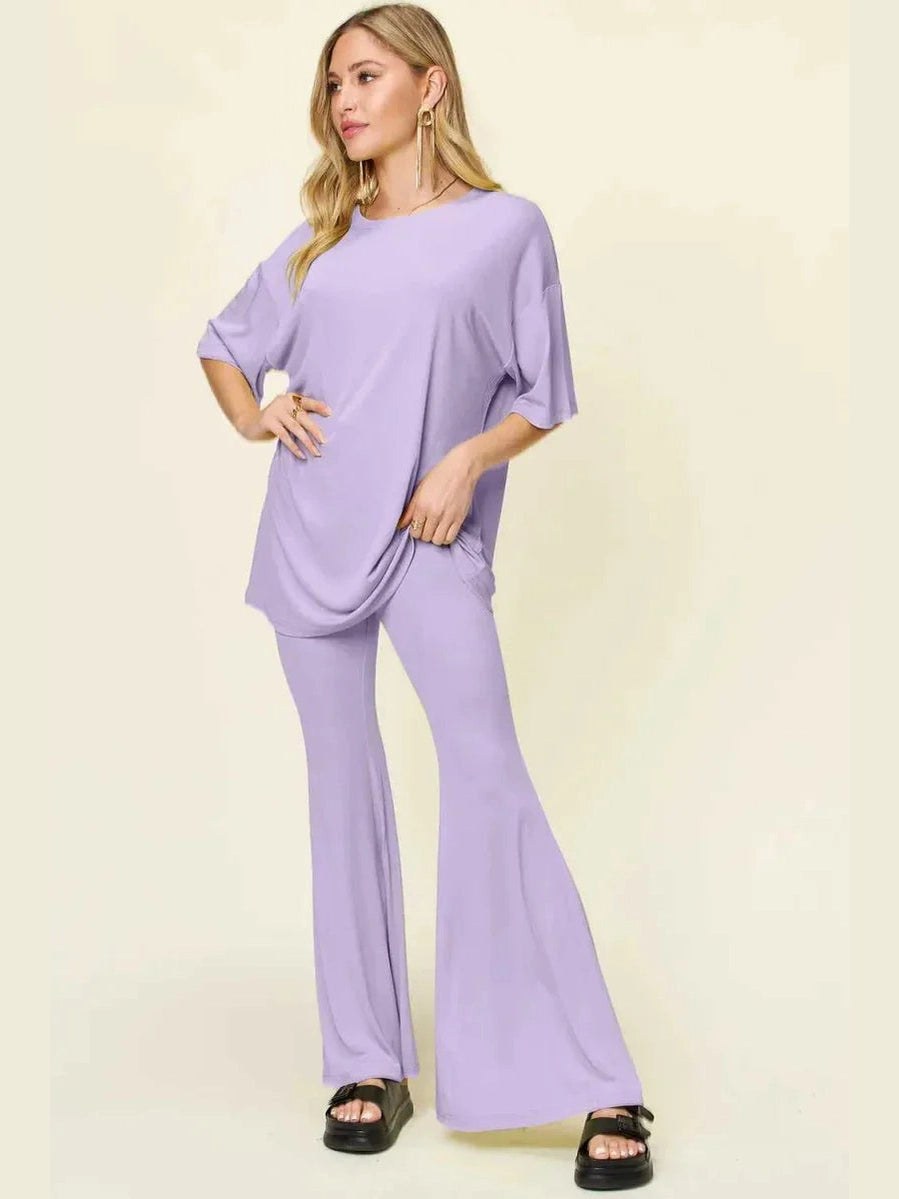 Double Take Full Size Round Neck Drop Shoulder T-Shirt and Flare Pants Set -- 