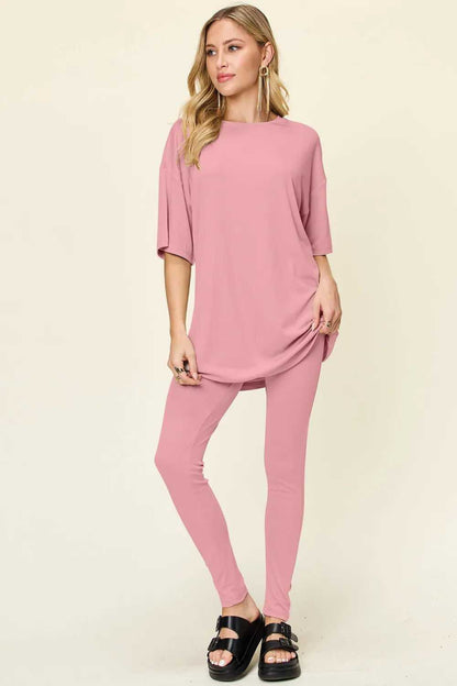 Double Take Full Size Round Neck Dropped Shoulder T-Shirt and Leggings Set - Hopeford Streams