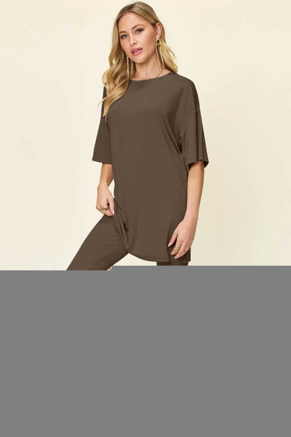 Double Take Full Size Round Neck Dropped Shoulder T-Shirt and Leggings Set - Hopeford Streams