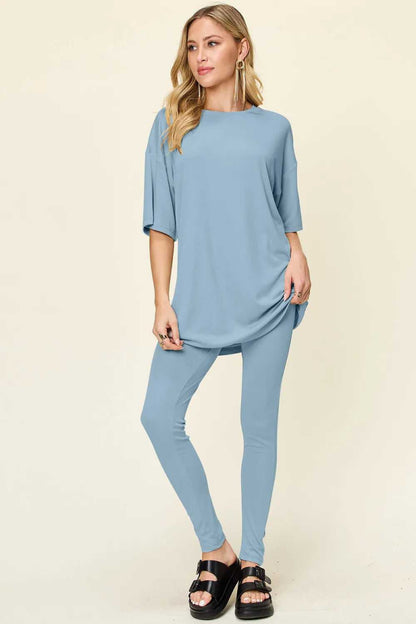 Double Take Full Size Round Neck Dropped Shoulder T-Shirt and Leggings Set - Hopeford Streams