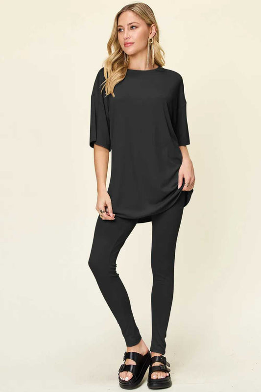 Double Take Full Size Round Neck Dropped Shoulder T-Shirt and Leggings Set - Hopeford Streams