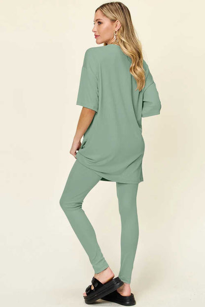 Double Take Full Size Round Neck Dropped Shoulder T-Shirt and Leggings Set - Hopeford Streams