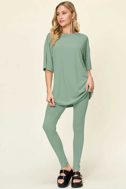 Double Take Full Size Round Neck Dropped Shoulder T-Shirt and Leggings Set - Hopeford Streams