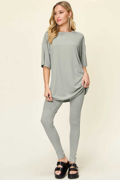 Double Take Full Size Round Neck Dropped Shoulder T-Shirt and Leggings Set - Hopeford Streams