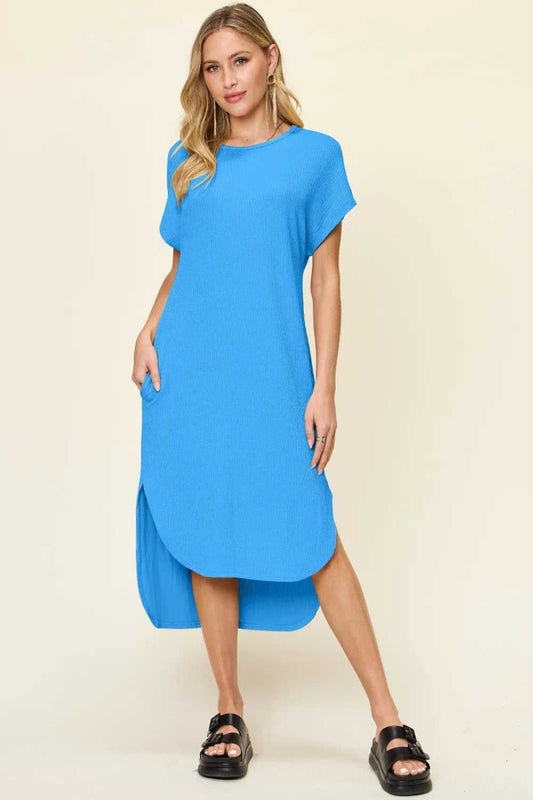 Double Take Full Size Round Neck Short Sleeve Slit Dress - Hopeford Streams