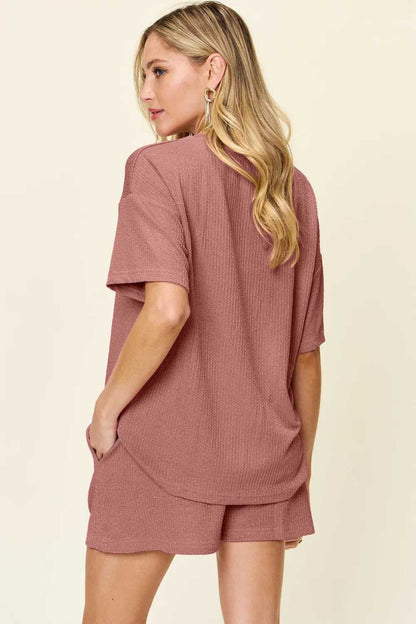 Double Take Full Size Round Neck Short Sleeve T-Shirt and Shorts Set - Hopeford Streams