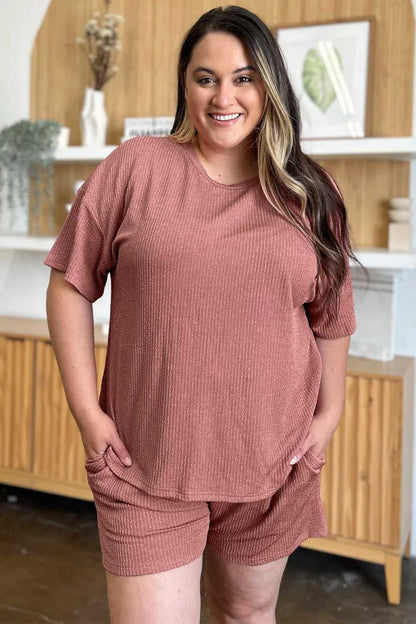 Double Take Full Size Round Neck Short Sleeve T-Shirt and Shorts Set - Hopeford Streams