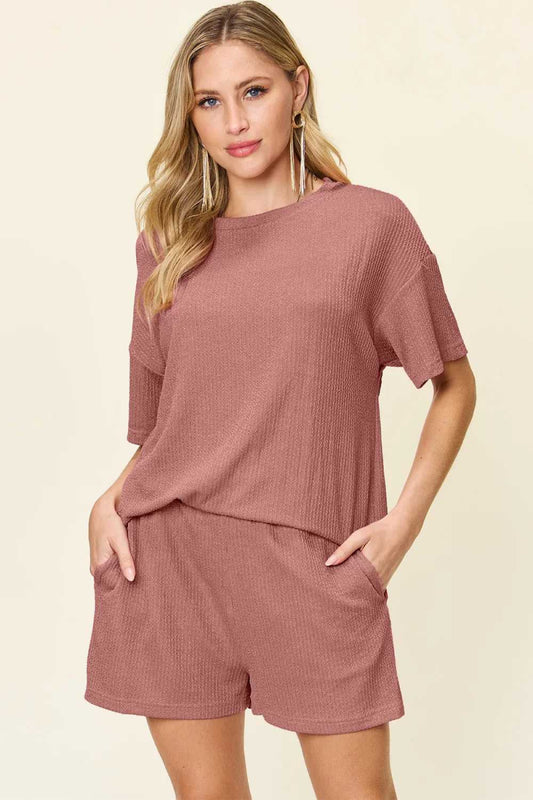 Double Take Full Size Round Neck Short Sleeve T-Shirt and Shorts Set - Hopeford Streams