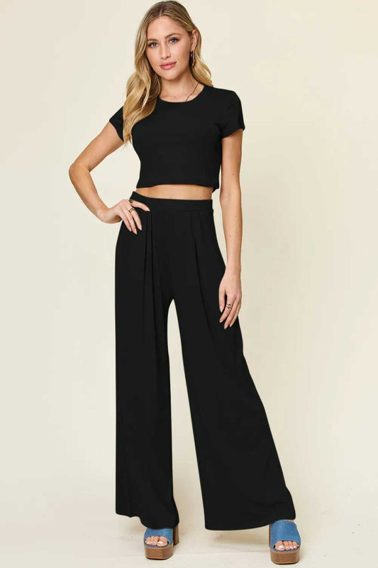 Double Take Full Size Round Neck Top and Pants Set - Hopeford Streams