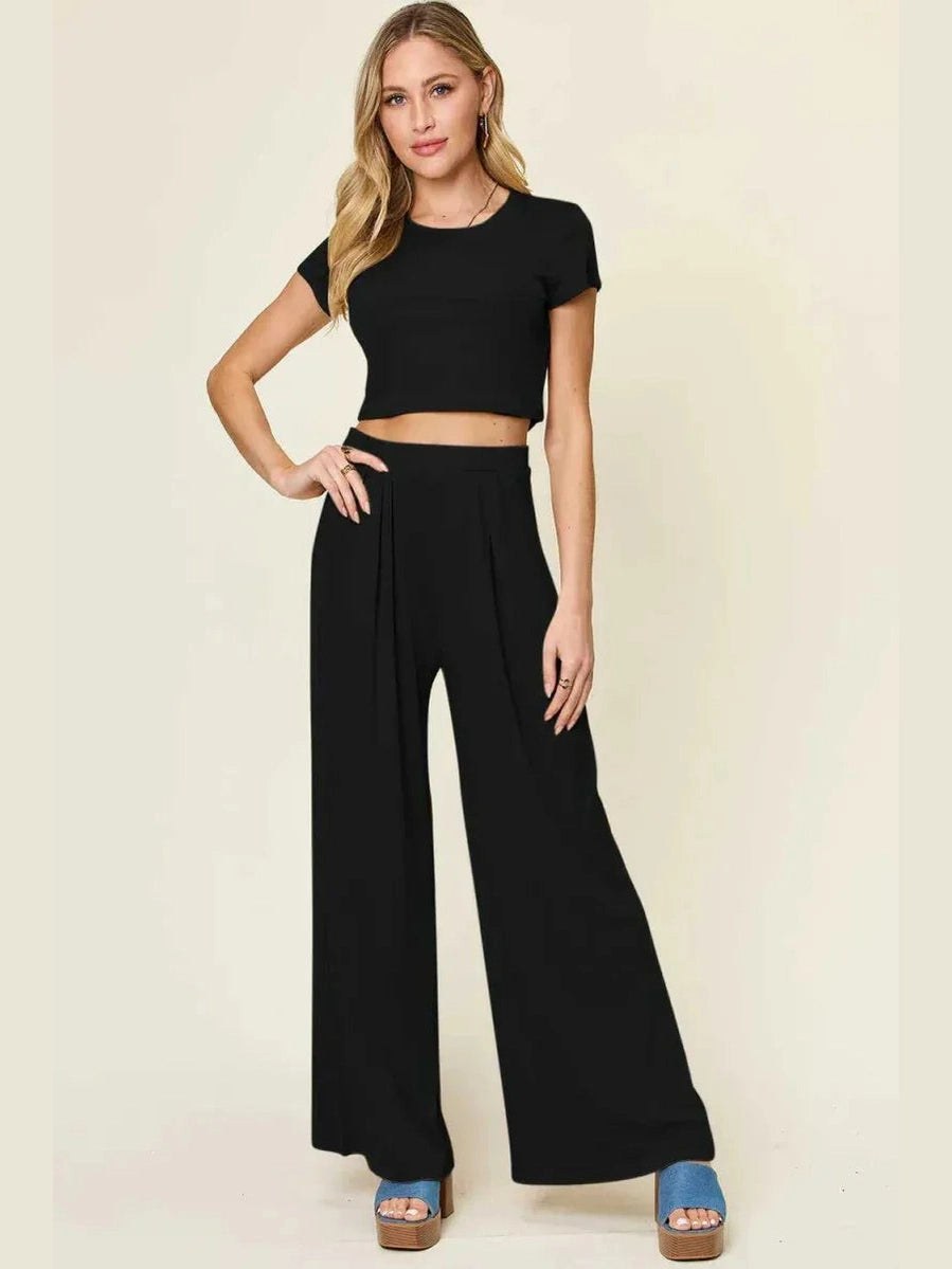 Double Take Full Size Round Neck Top and Pants Set -- 