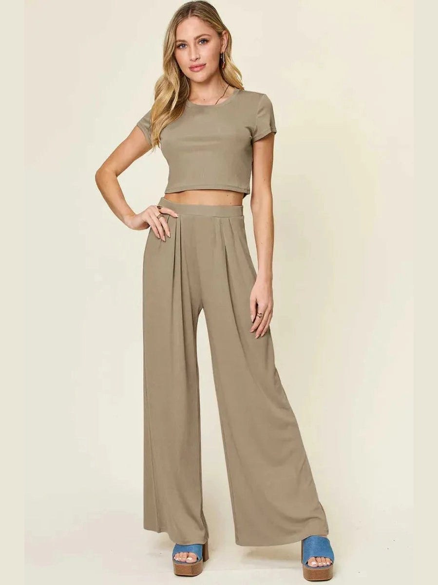 Double Take Full Size Round Neck Top and Pants Set -- 