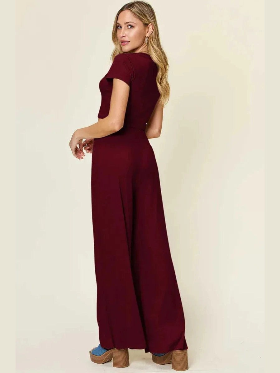 Double Take Full Size Round Neck Top and Pants Set -- 