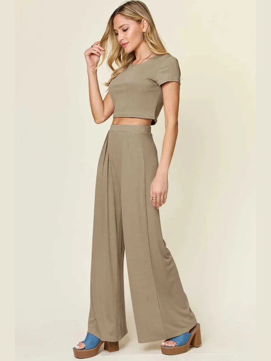 Double Take Full Size Round Neck Top and Pants Set -- 