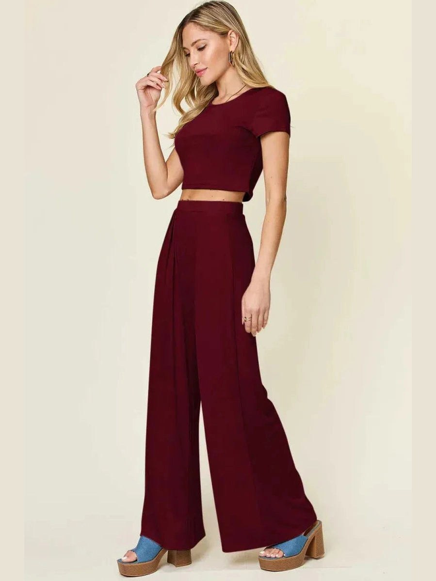 Double Take Full Size Round Neck Top and Pants Set -- 