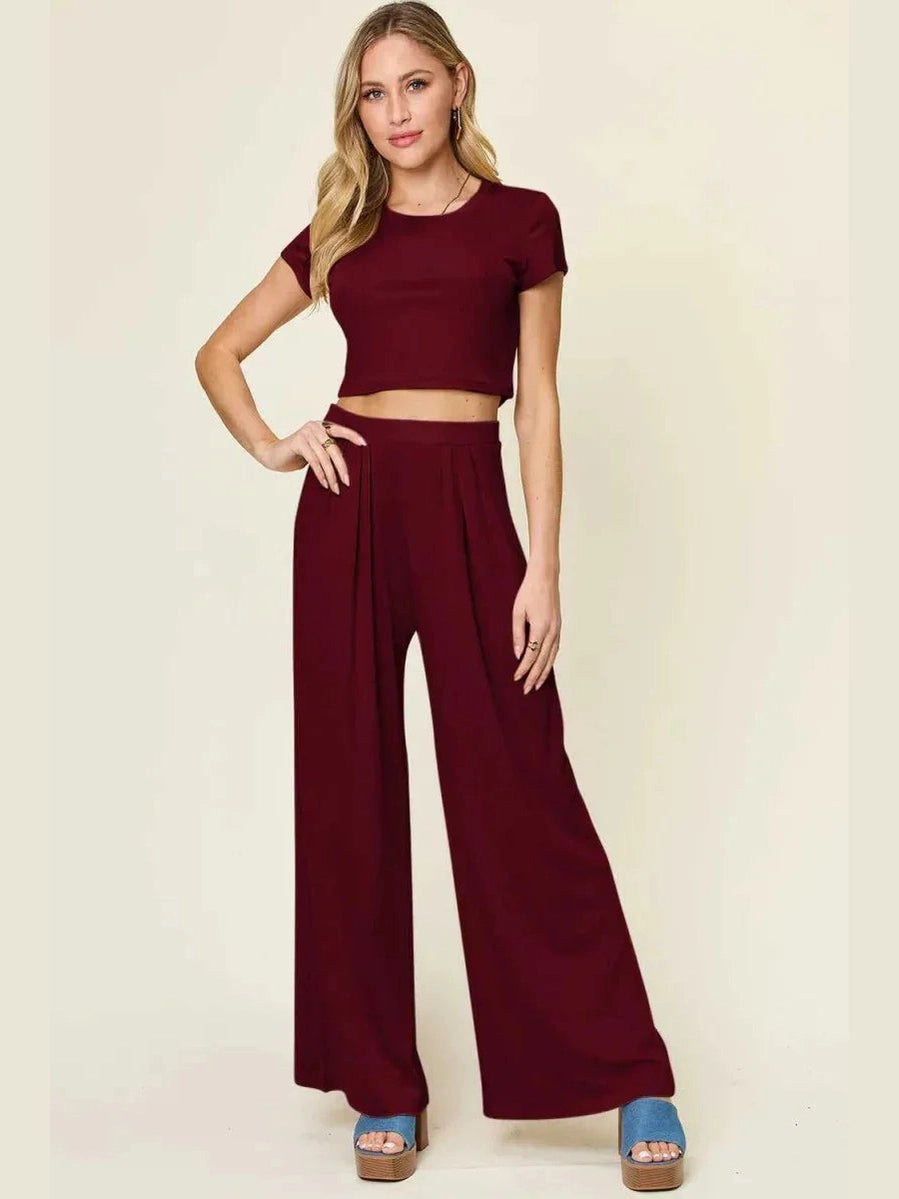 Double Take Full Size Round Neck Top and Pants Set -- 