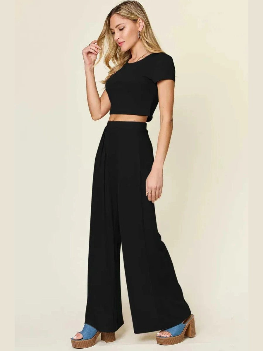 Double Take Full Size Round Neck Top and Pants Set -- 