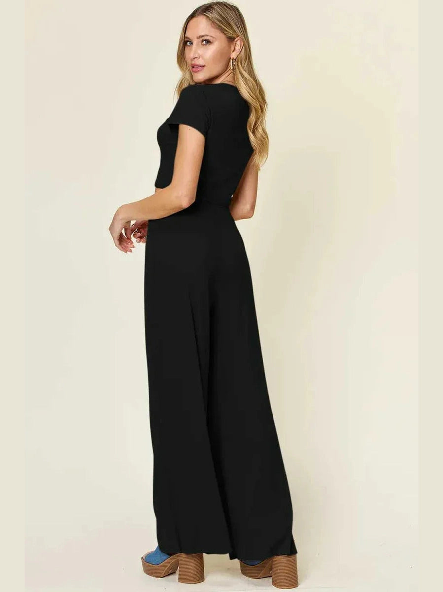 Double Take Full Size Round Neck Top and Pants Set -- 