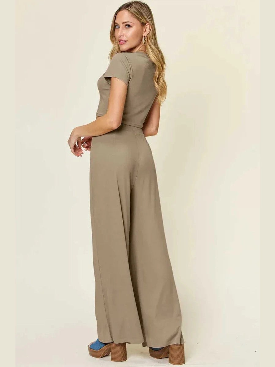 Double Take Full Size Round Neck Top and Pants Set -- 
